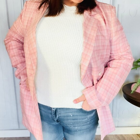 New -Pink Plaid Double Breasted Collar Lapel Blazer - Picture 6 of 14
